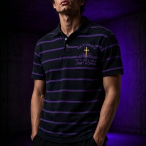 Polos & Headwear ​Matthew 5:14 Striped Polo (Black & Purple)